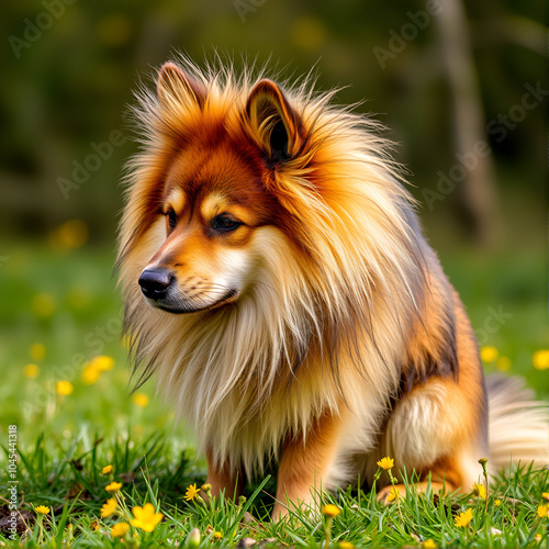 Perro pelon de raza crestado chino moteado en un paisaje con hierba amarilla en hd photo