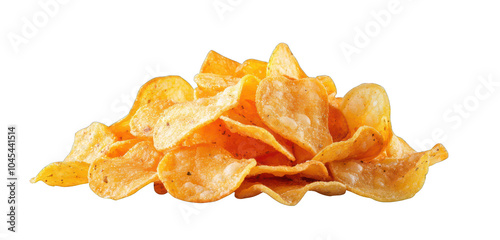 Potato chips displayed artfully, isolated on a clear background.