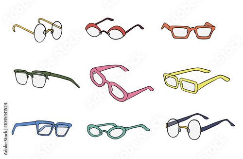 Set of hand drawn glasses with colorful frames, different shapes. Flat vector illustration on white background