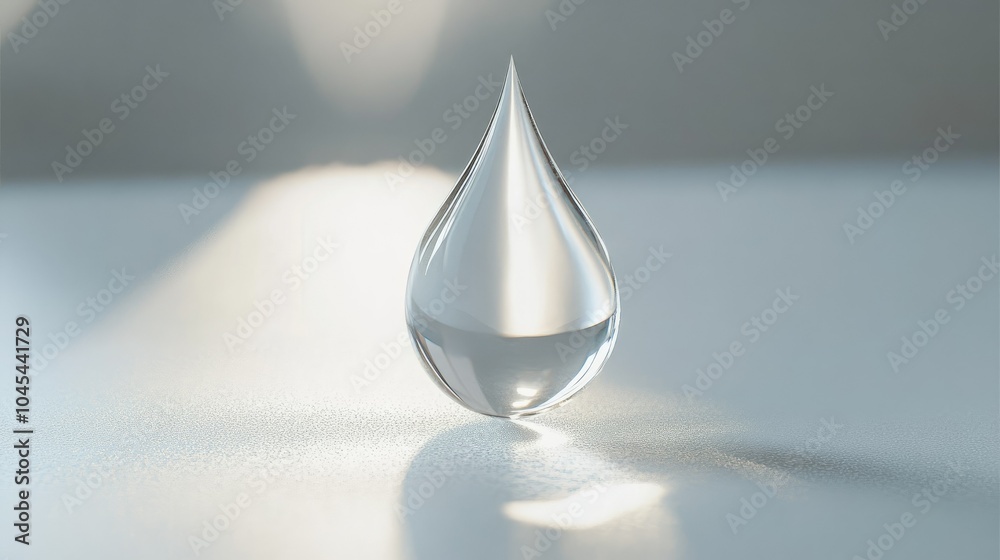 Fototapeta premium Transparent liquid droplet suspended on a smooth white surface, glowing under soft light.