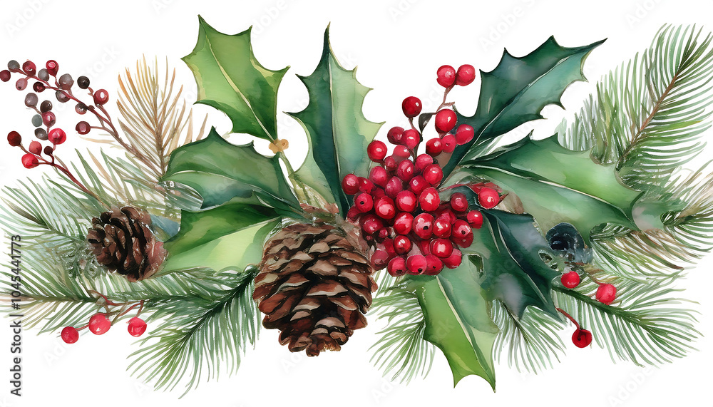 Fototapeta premium watercolor arrangement holly berries pine cones