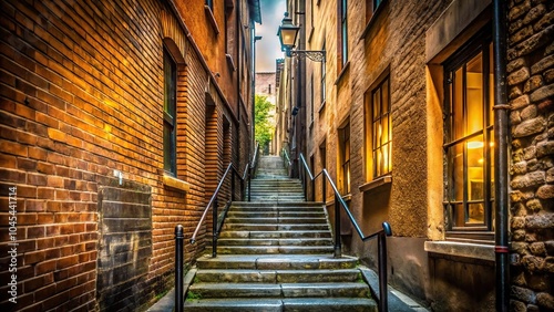 Staircase going down a narrow alley to a larger street with depth of field effect