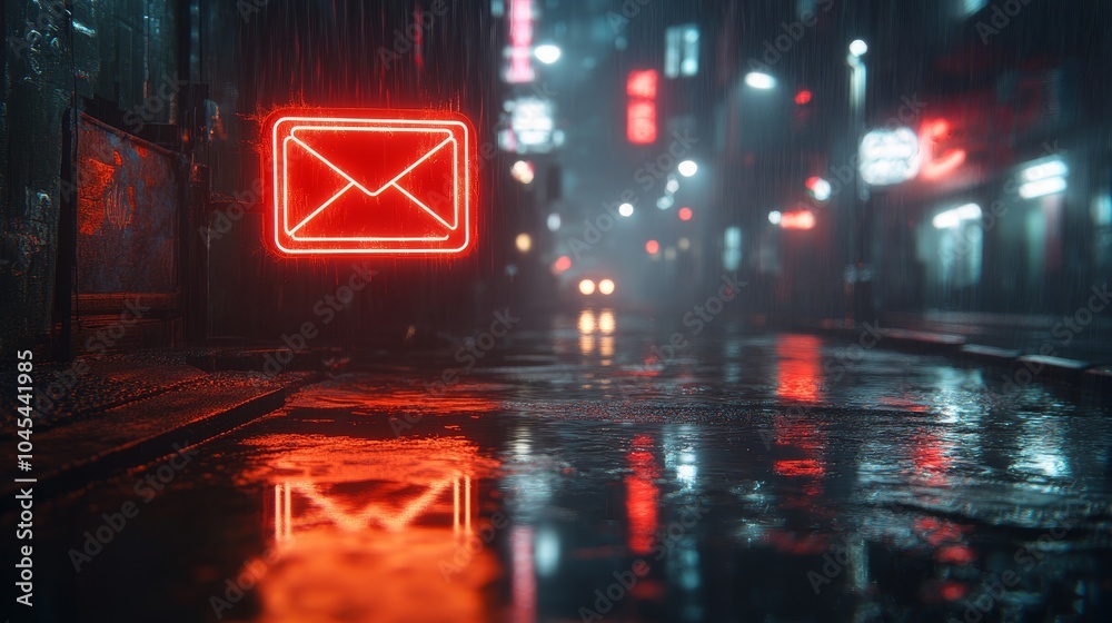 Glowing neon envelope on a dark background with glittering particles. Glowing neon envelope on a dark background with glittering particles.