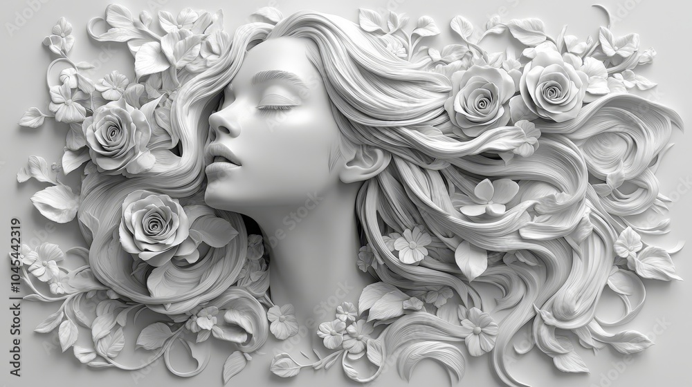 In a white bas-relief, an image of a woman's face with flowing hair and flowers.