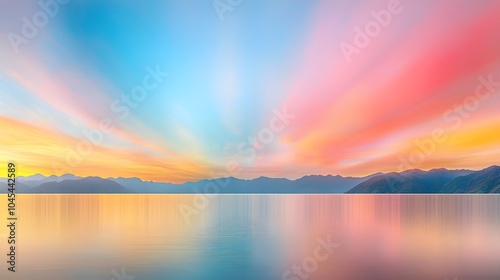 Serene sunset over tranquil lake with colorful sky reflections photo