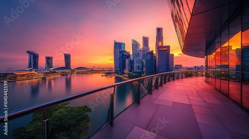 A breathtaking view of a modern city skyline at sunrise, as seen from a rooftop terrace. The sky is ablaze with vibrant hues of pink, orange, and purple,