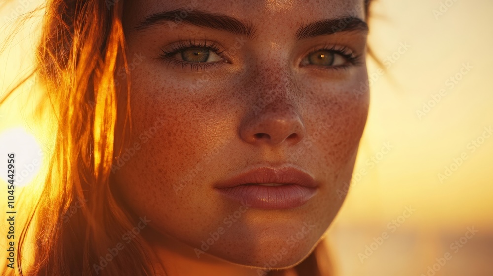 Captivating portrait of a woman with sunlight in her hair and stunning freckles, showcasing natural beauty at sunset.