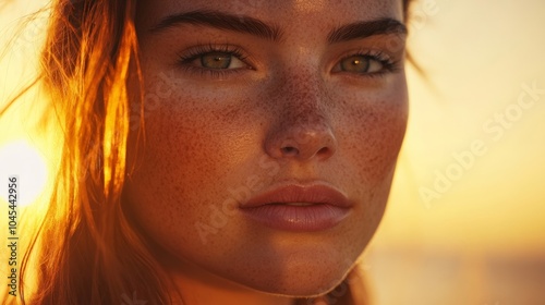 Captivating portrait of a woman with sunlight in her hair and stunning freckles, showcasing natural beauty at sunset. photo