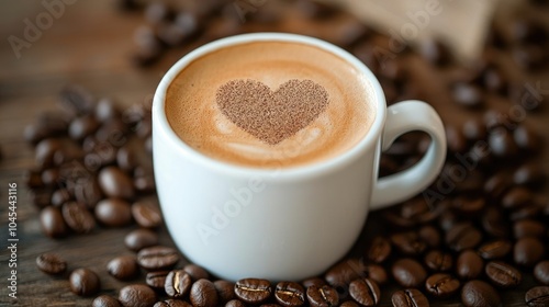 Warm coffee latte in a white mug with a heart-shaped foam art surrounded by roasted coffee beans