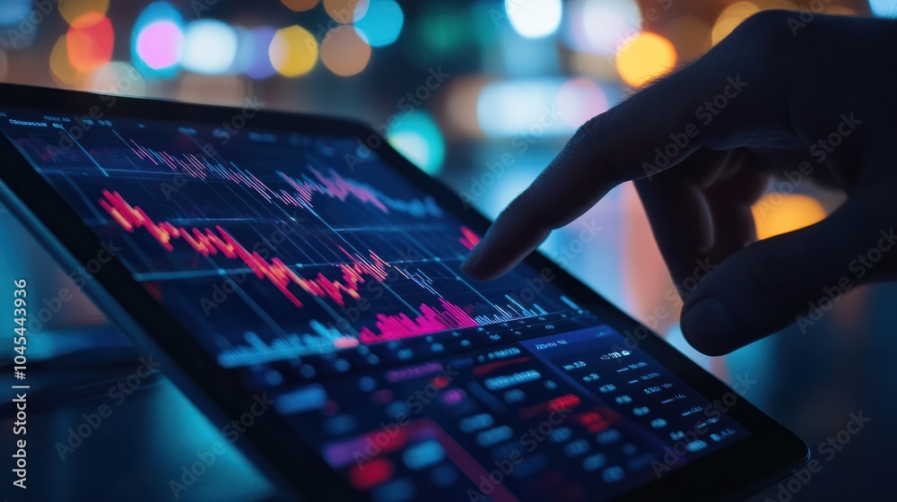 A Person's Finger Touching a Tablet Screen Displaying Financial Data at Night A Person's Finger Touching a Tablet Screen Displaying Financial Data at Night