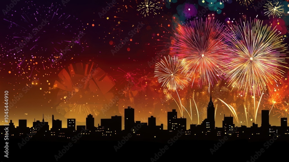 Obraz premium Fireworks above a city skyline, vibrant colors and ample space for festive text