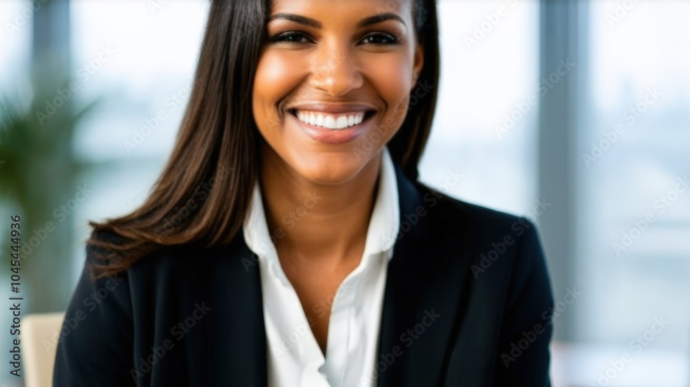 Young brunette business woman happy at work on blurred background in office Young brunette business woman happy at work on blurred background in office