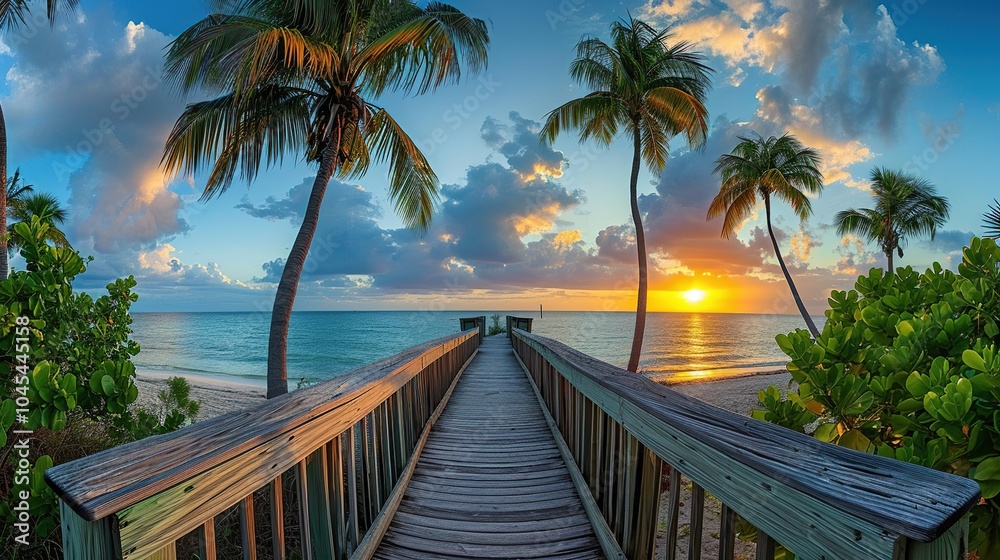 beautiful view at dusk at footbridge on beach beautiful view at dusk at footbridge on beach