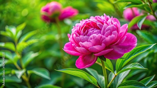 Unopened peony flower and green leaves in garden