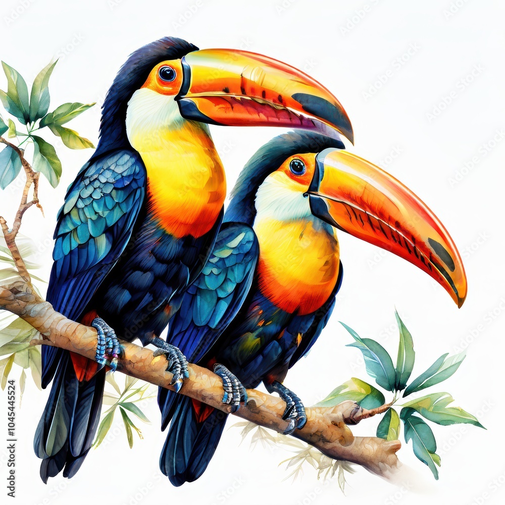 Fototapeta premium Two colorful toucans perched on a branch amidst lush foliage.
