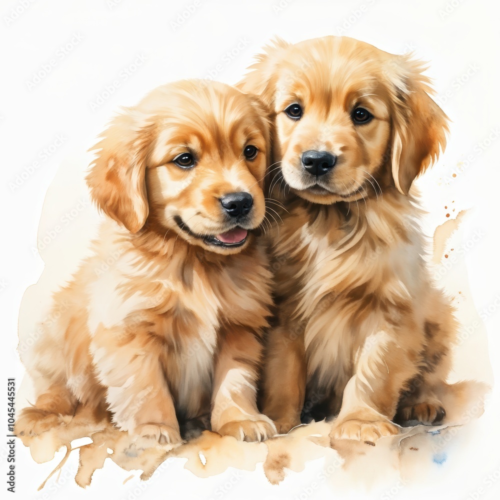 Fototapeta premium Two adorable golden retriever puppies sitting together, conveying warmth and playfulness.