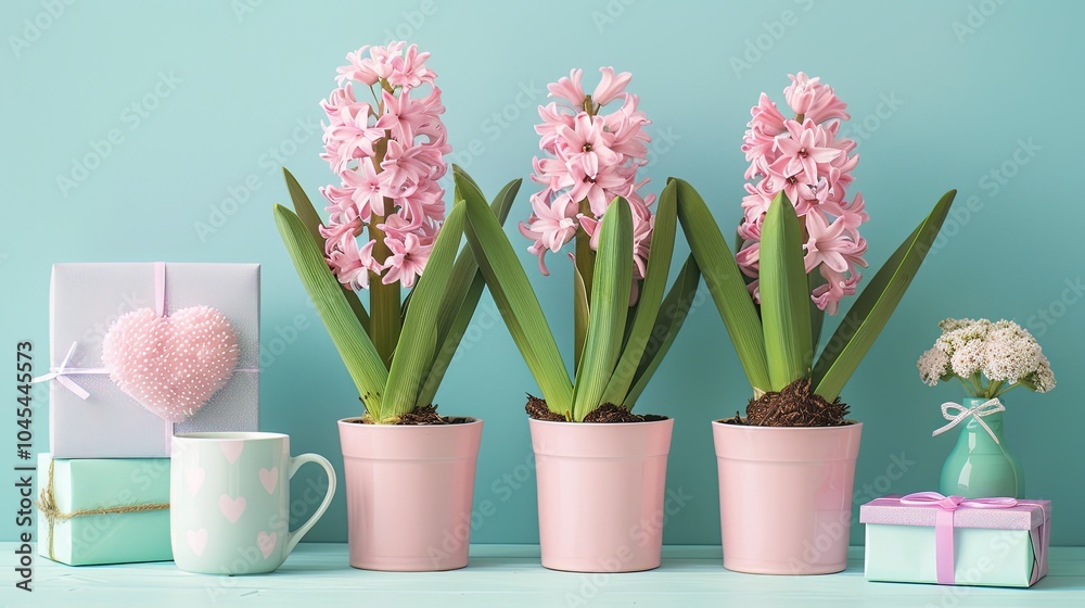 Three pink hyacinth flowers in pots with a heart shaped gift, a mug, and small gifts on a light blue background. Three pink hyacinth flowers in pots with a heart shaped gift, a mug, and small gifts on a light blue background.