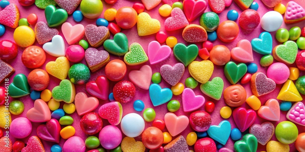 Fototapeta premium A Colorful Assortment of Heart-Shaped Candies and Round Sweets, a Delightful Treat for the Senses