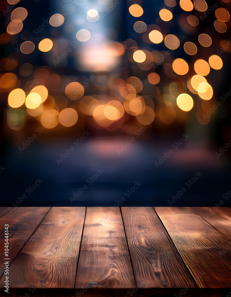 wooden table blurred bokeh lights creating cozy night scene