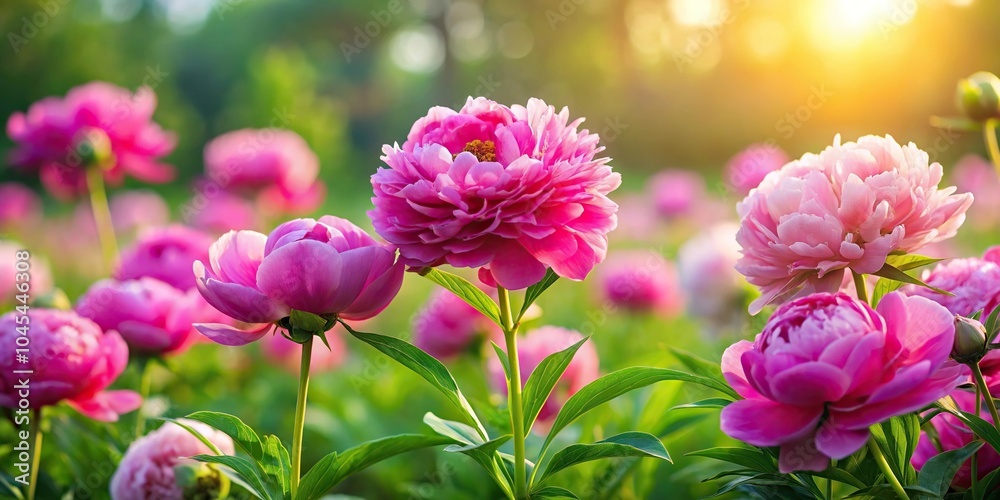 Fototapeta premium Vibrant peonies in full bloom with soft petals and delicate scent surrounding a lush green meadow at sunrise, nature landscape, gentle light, garden beauty, garden scenery