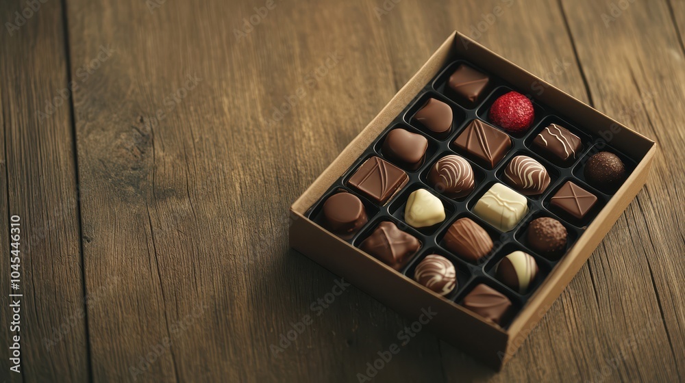 Exquisite assortment of artisan chocolates in elegant gift box on rustic wooden surface Exquisite assortment of artisan chocolates in elegant gift box on rustic wooden surface