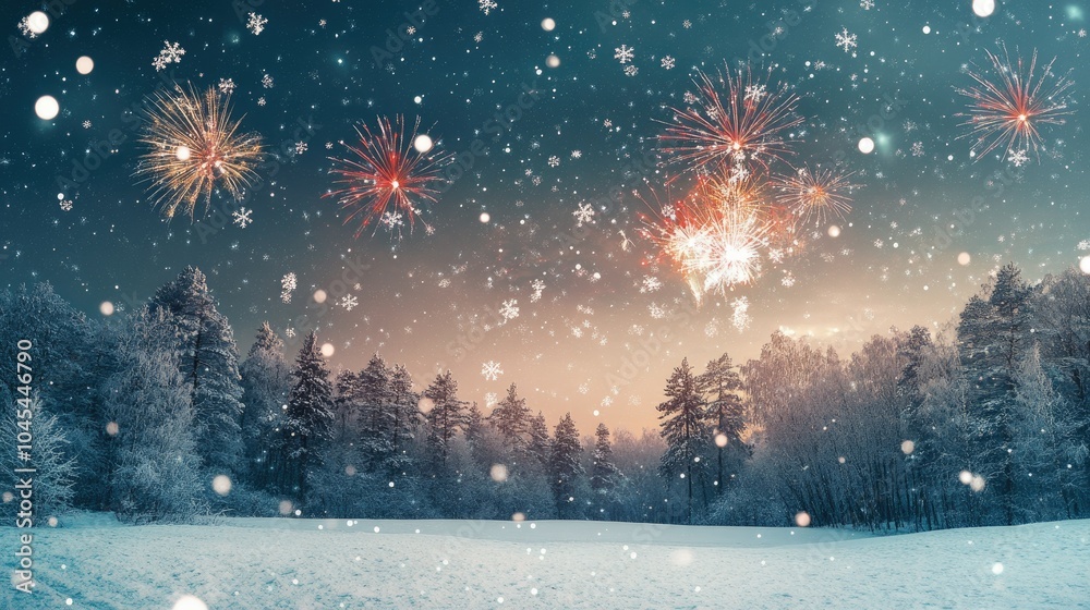 Fireworks above a snowy forest, lighting up the night sky with space for text Fireworks above a snowy forest, lighting up the night sky with space for text
