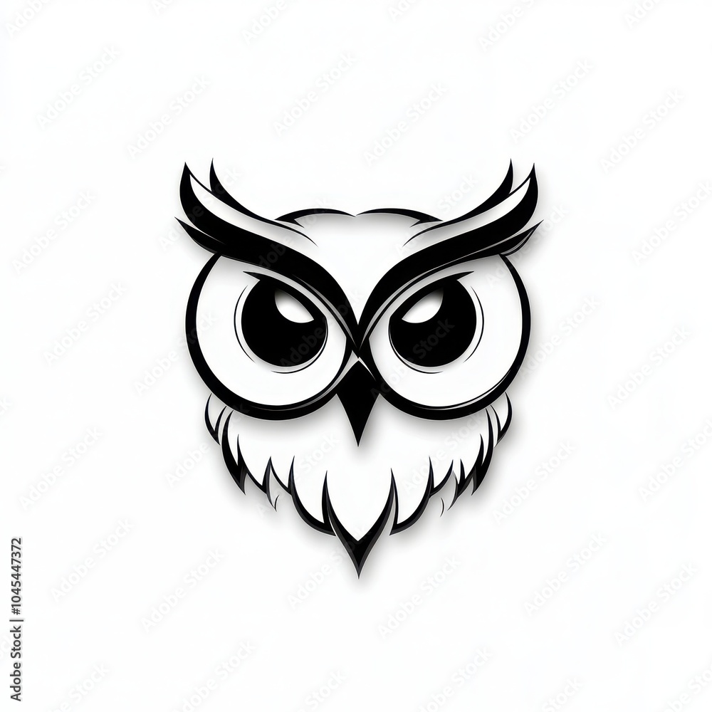 Naklejka premium A stylized, monochrome owl illustration featuring exaggerated eyes and prominent eyebrows, evoking a sense of wisdom and mystery.