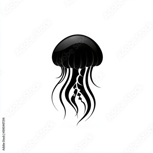 A stylized black jellyfish silhouette with flowing tentacles against a plain background. photo