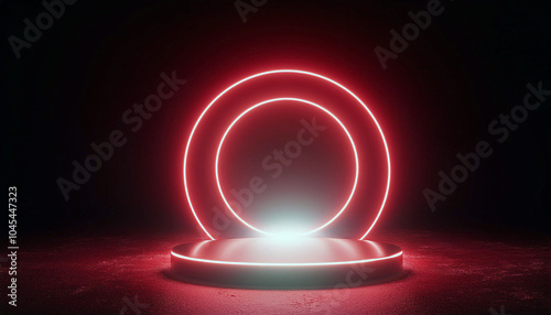 Enthralling red neon circles illuminate a sleek, metallic platform, casting a vibrant glow. A futuristic, minimalist scene.