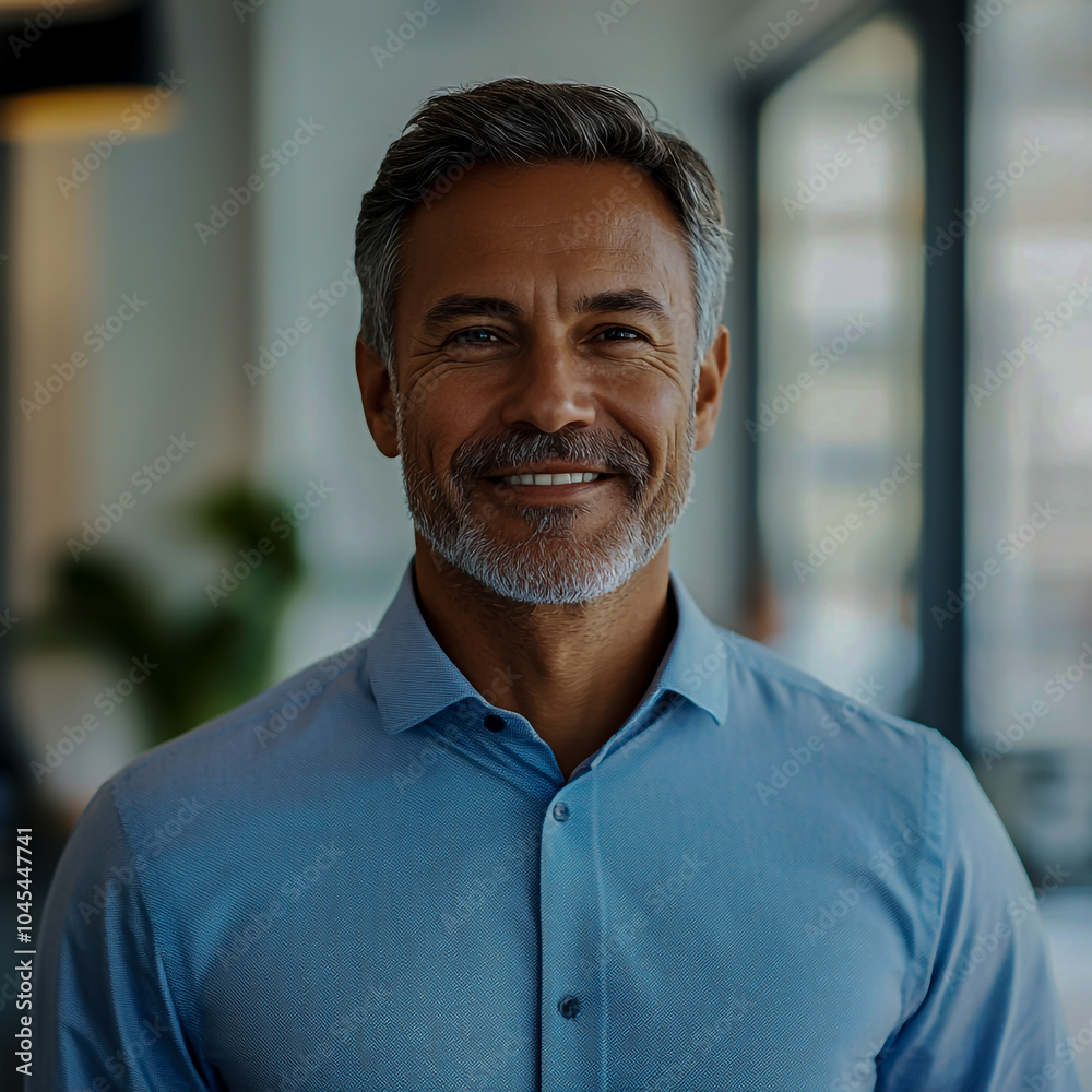 Naklejka premium Confident middle-aged businessman standing in an office, smiling for a headshot.