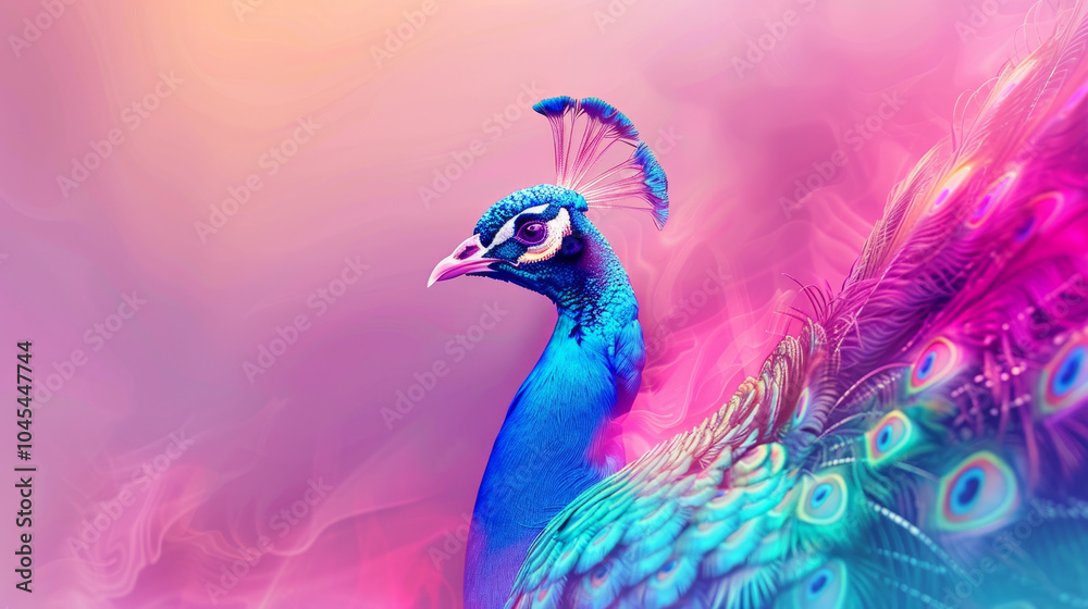 Fototapeta premium Vibrant peacock with colorful plumage on mystical pink background