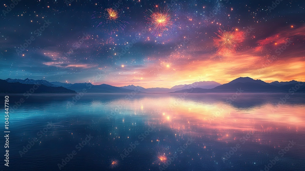 Fireworks above a tranquil lake, lighting up the sky with vibrant colors and ample space for text Fireworks above a tranquil lake, lighting up the sky with vibrant colors and ample space for text