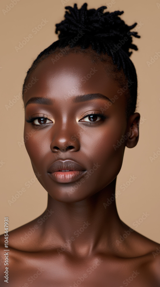 Elegant Black Female Model in High-Fashion Glamour Photography – Natural Beauty with Melanin Glow on Neutral Background Elegant Black Female Model in High-Fashion Glamour Photography – Natural Beauty with Melanin Glow on Neutral Background