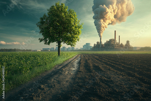 Comparation of green earth and effect of air pollution from human action, global warming concept, green tree and green earth and arid land with air pollution at background photo