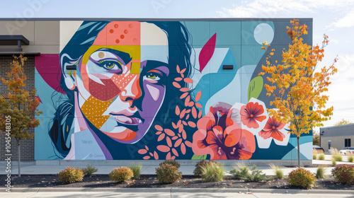 Vibrant urban mural featuring abstract portrait with floral elements