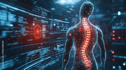 Futuristic biomedical concept of a holographic scanning a patient's backbone for spinal disc herniation diagnosis : 3d illustration, 3d rendering with copy space, banner concept photo