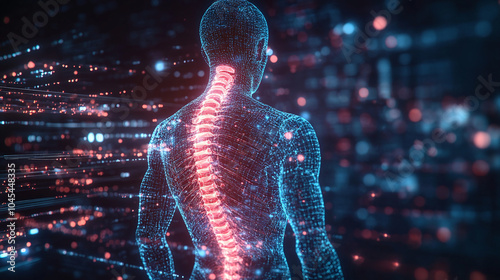 Futuristic biomedical concept of a holographic scanning a patient's backbone for spinal disc herniation diagnosis : 3d illustration, 3d rendering with copy space	 photo