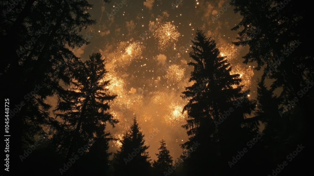 Fototapeta premium Fireworks burst in the night sky above a serene forest, no people, with space for copy