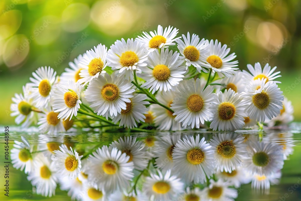 Fototapeta premium White flower erigeron annuus, wild chamomile, natural background, heap, reflected