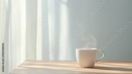 steaming cup of herbal tea on wooden table creates calming atmosphere