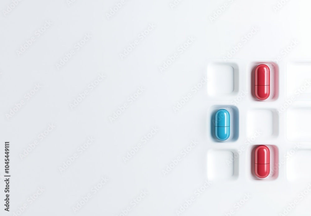 Colorful capsules arranged on a white background in a neat grid pattern showcasing red and blue colors Colorful capsules arranged on a white background in a neat grid pattern showcasing red and blue colors