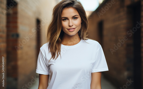 Young attractive girl wearing a white t-shirt standing on a street. photo