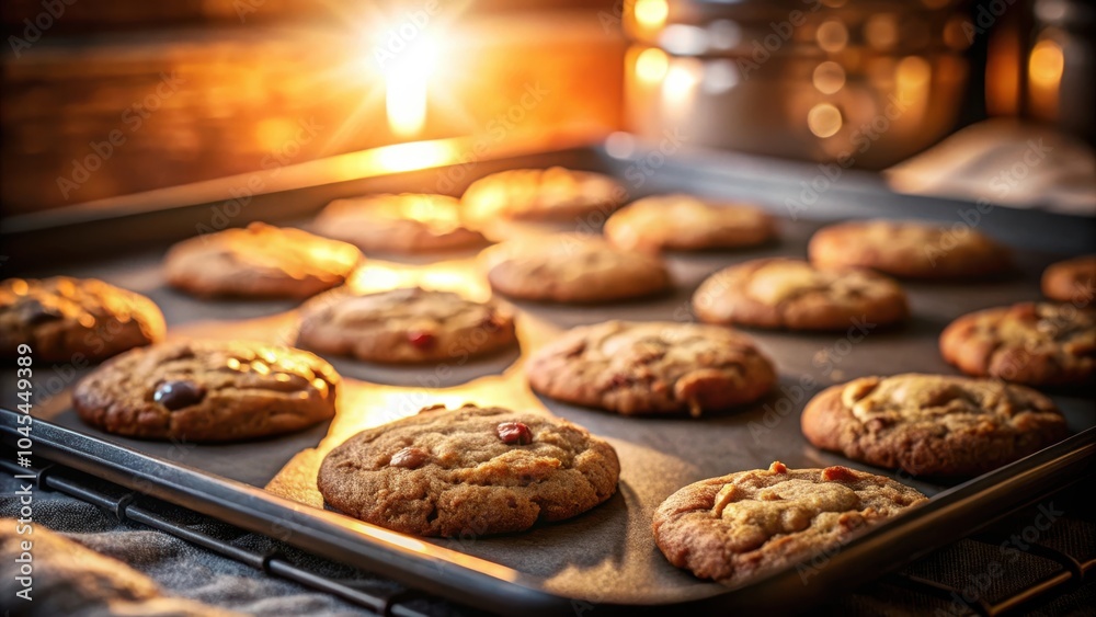 Freshly baked cookies on a baking sheet with warm, golden light streaming in from the oven Freshly baked cookies on a baking sheet with warm, golden light streaming in from the oven