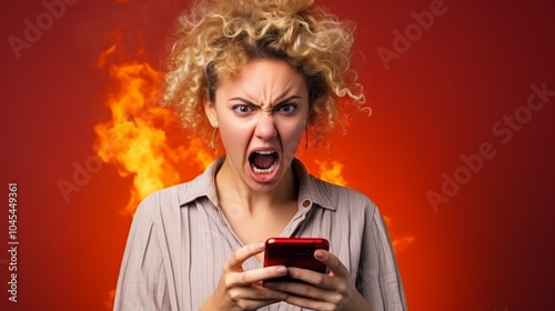 Frustration and anger concept with young woman and smartphone on fiery background