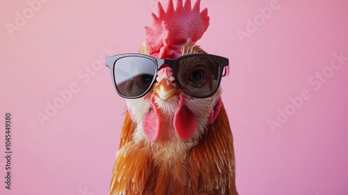 Chicken with Sunglasses Against Pink Background