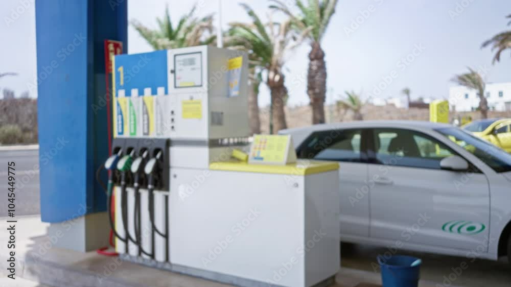 Blurred, defocused view of a petrol station with gas pumps, a white car parked beside and palm trees in the background on a sunny day.