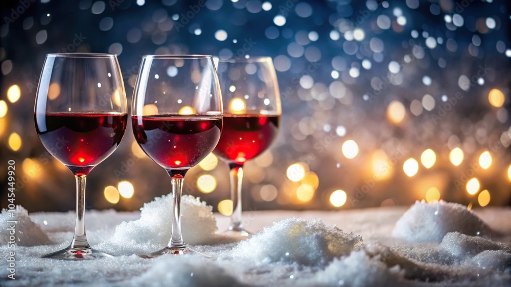 Wine glasses filled with red holiday wine on a snowy evening, frosty glassware, cozy drinks, winter night, cold winter evening Wine glasses filled with red holiday wine on a snowy evening, frosty glassware, cozy drinks, winter night, cold winter evening