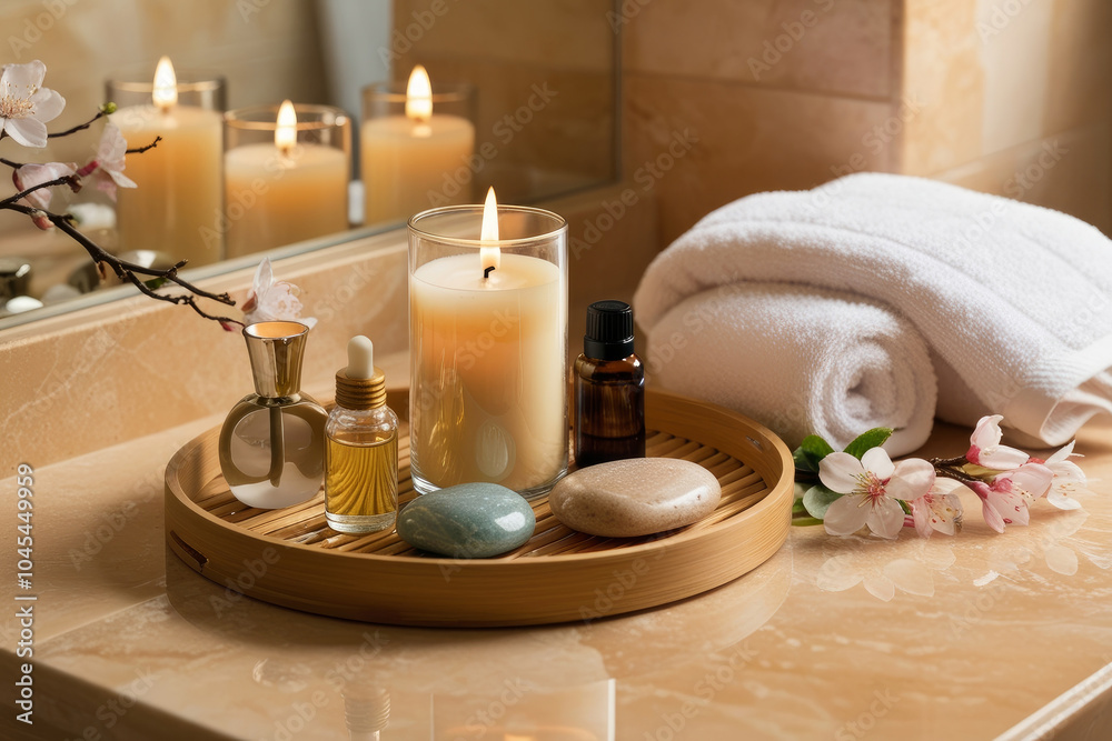 Composition of spa treatment on wooden tray. Candles, oils, stones, sea salts. Home spa. AI generated Composition of spa treatment on wooden tray. Candles, oils, stones, sea salts. Home spa. AI generated