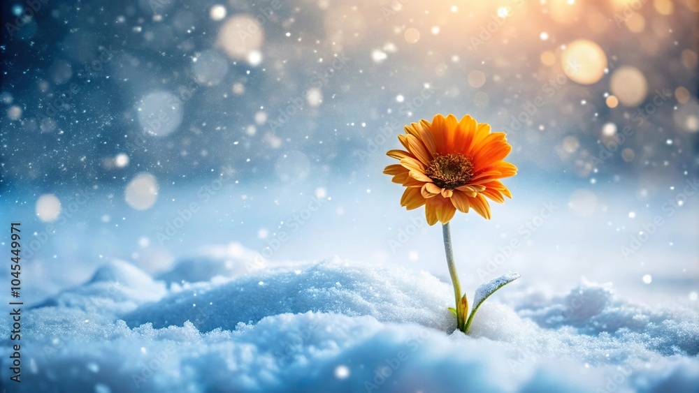 Winter landscape with orange flower and snowflake Winter landscape with orange flower and snowflake