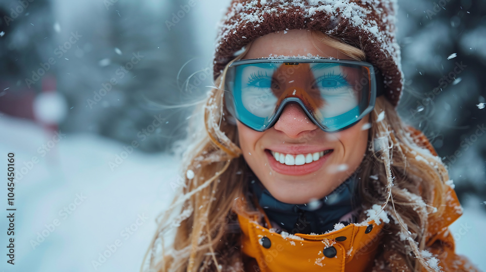 A young happy woman in ski goggles laughs looking at the camera while enjoying winter snow sport. Copy space, banner concept A young happy woman in ski goggles laughs looking at the camera while enjoying winter snow sport. Copy space, banner concept